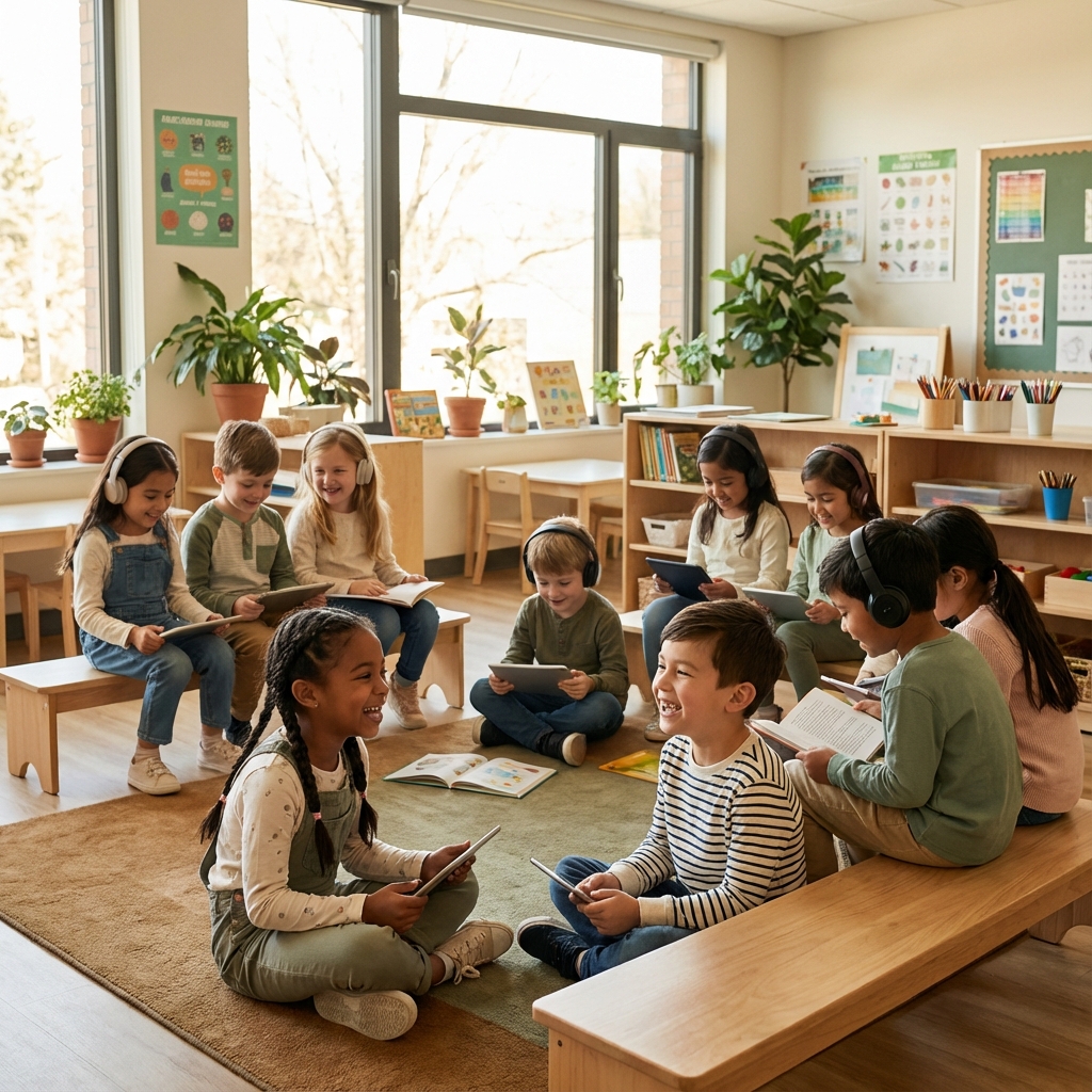 Fröhliche Schulkinder lernen gemeinsam mit Audiogeschichten im Klassenzimmer