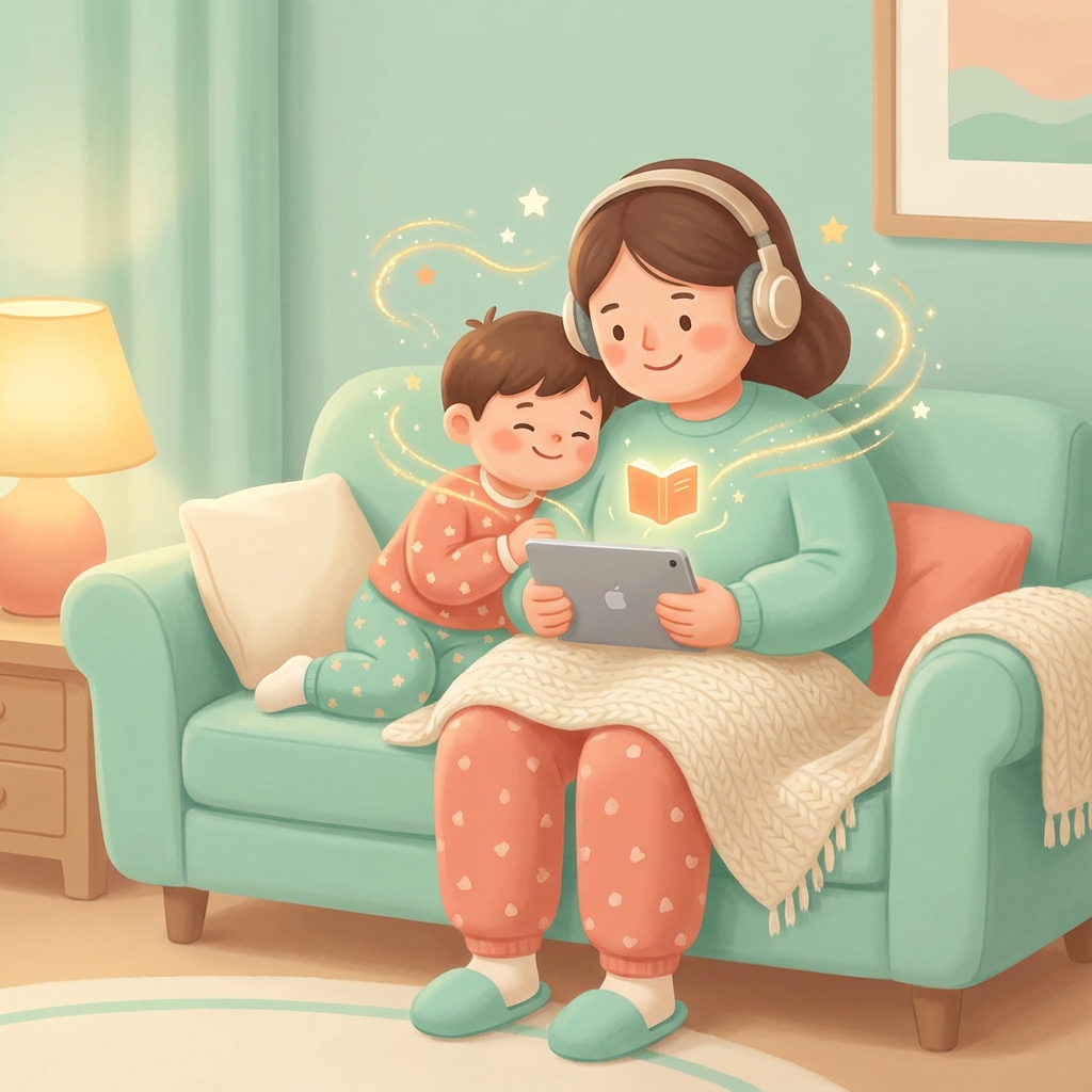 Illustration einer Familie, die gemeinsam Geschichten hört - gemütliche Atmosphäre voller Wärme