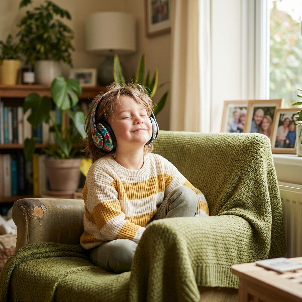 Happy child with headphones relaxing and listening to a story